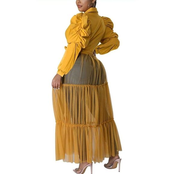 Ekaliy Sexy Long Sleeve High Low Dress Women 2XL Yellow Asymmetrical Ruffle - Picture 4 of 10